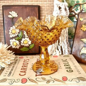 Fenton Amber Hobnail Glass Compote With Pedestal and Sticker